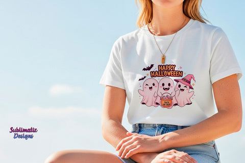 Cute Pink Ghost Happy Halloween PNG | Halloween design for sublimation Sublimation Sublimatiz Designs 