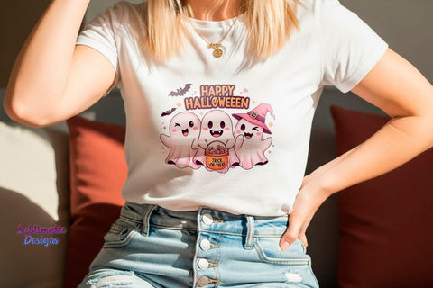 Cute Pink Ghost Happy Halloween PNG | Halloween design for sublimation Sublimation Sublimatiz Designs 