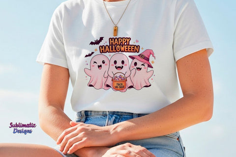 Cute Pink Ghost Happy Halloween PNG | Halloween design for sublimation Sublimation Sublimatiz Designs 