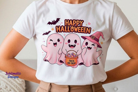 Cute Pink Ghost Happy Halloween PNG | Halloween design for sublimation Sublimation Sublimatiz Designs 