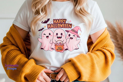 Cute Pink Ghost Happy Halloween PNG | Halloween design for sublimation Sublimation Sublimatiz Designs 