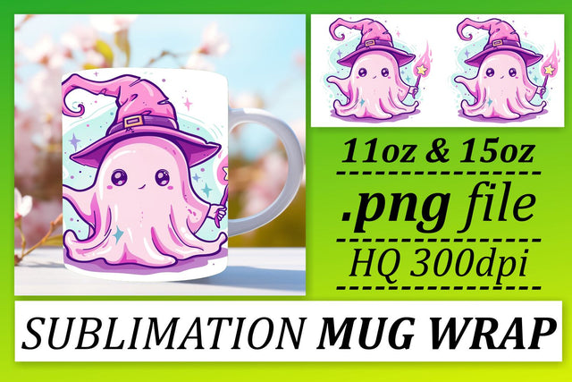 Cute Pink Ghost Mug Wrap Sublimation 11oz 15oz Halloween Sublimation afrosvg 