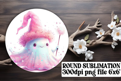 Cute Pink Ghost Round Design Sublimation Keychain Halloween Sublimation afrosvg 