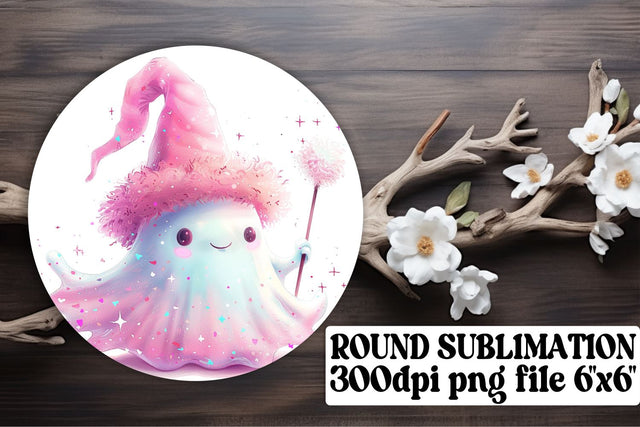 Cute Pink Ghost Round Design Sublimation Keychain Halloween Sublimation afrosvg 