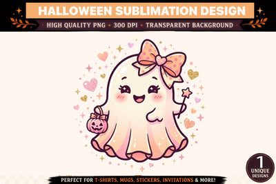 Cute Pink Halloween Ghost PNG, Kawaii Girly Ghost Sublimation Design, Glitter Hearts Pumpkin Clipart, Spooky Season Shirt Graphic Sublimation BlackCatsMedia 