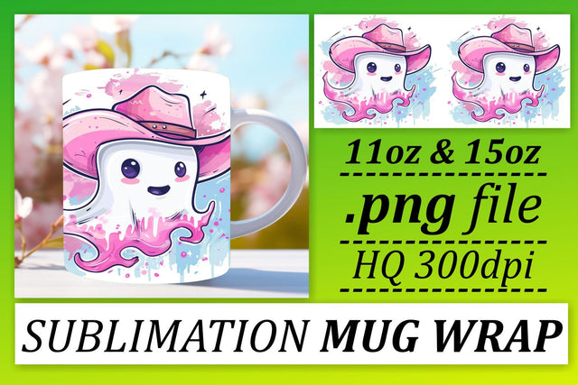 Cute Pink Halloween Mug Wrap with Ghosts 11oz 15oz Sublimation Sublimation afrosvg 