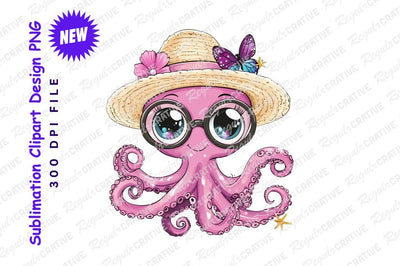 Cute pink octopus wearing hat and glasses Sublimation Regulrcrative 