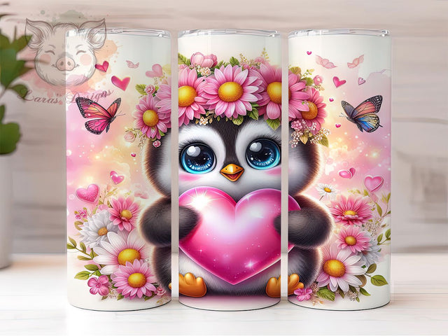 Cute Pink Penguin Valentine Tumbler, Pink Heart Wrap, Cute Penguin Cup, Romantic Sublimation Design, Valentine Gift Tumbler, Sweet Penguin Hearts Wrap, Adorable Animal Cup Sublimation Lara' s Designs 