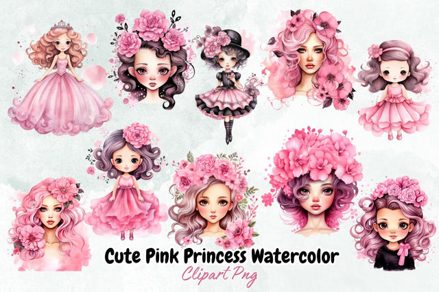 Cute Pink Princess Watercolor Clipart Bundle Sublimation Designangry 