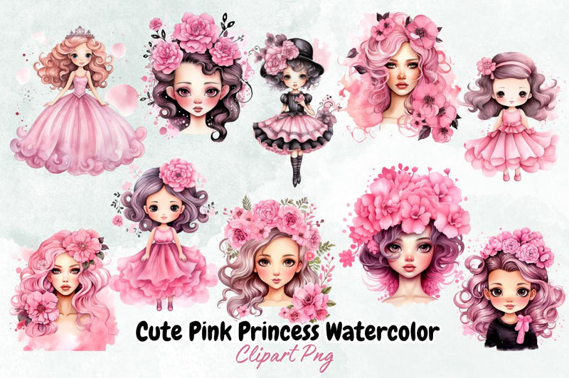 Cute Pink Princess Watercolor Clipart Bundle - So Fontsy