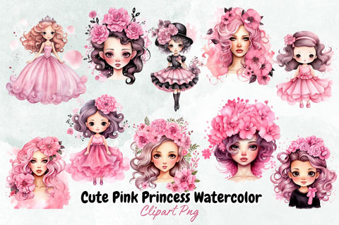 Cute Pink Princess Watercolor Clipart Bundle Sublimation Designangry 