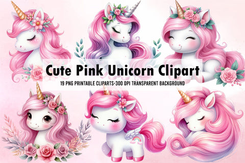 Cute Pink Unicorn Sublimation Clipart Sublimation Rupkotha 