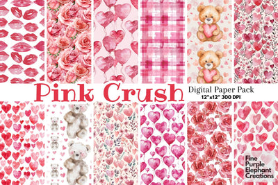 Cute Pink Valentine Heart Digital Paper Digital Pattern Fine Purple Elephant Creations 