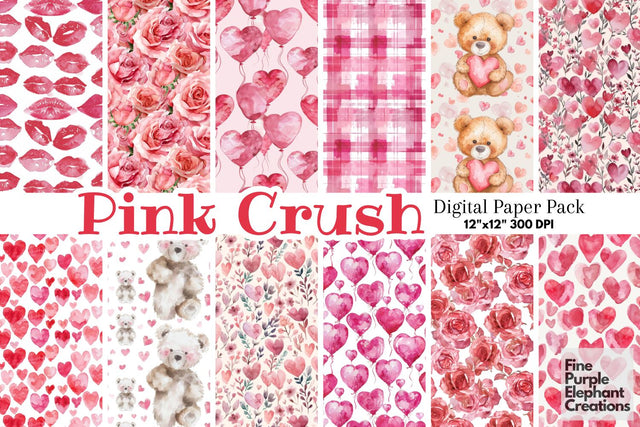 Cute Pink Valentine Heart Digital Paper Digital Pattern Fine Purple Elephant Creations 