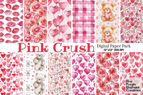 Cute Pink Valentine Heart Digital Paper Digital Pattern Fine Purple Elephant Creations 