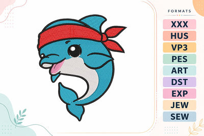 Cute Pirate Dolphin Embroidery Design - Kawaii Dolphin Embroidery/Applique DESIGNS sg embroidery 