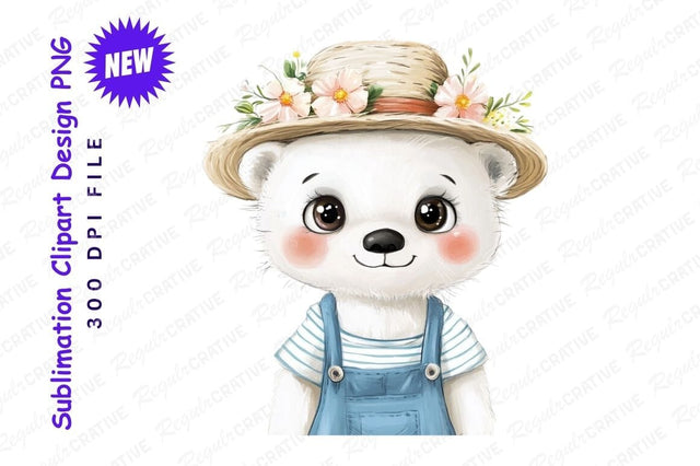 Cute Polar Bear Cub In Overalls Clipart Png Sublimation Regulrcrative 