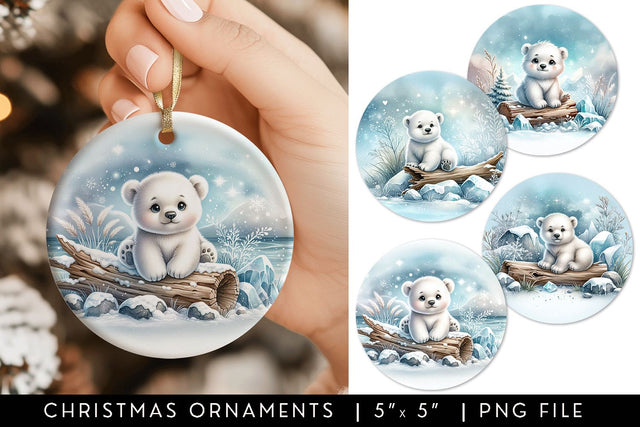 Cute Polar Bear Round Christmas Ornament Sublimation Designs Sublimation BijouBay 