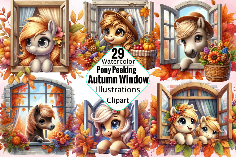Cute Pony Peeking Autumn Window Sublimation Clipart Bundle Sublimation SVGArt 