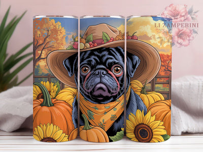 Cute Pug Pumpkin Fall Dog Tumbler, Fall Dog Lover 20Oz Sublimation, Autumn Pumpkin Coffee Cup, Harvest Pet Drinkware Design, Cozy Farmhouse Dog Mug Wrap, Thanksgiving Pug Cup, Rustic Autumn Dog Tumbler Sublimation Li Zamperini 