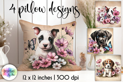Cute Puppy with Elegant Cosmos Flowers, Vintage Illustration Sublimation Designs by Ira 