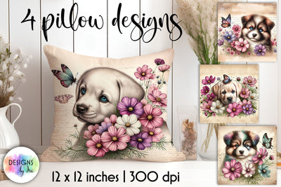 Cute Puppy with Elegant Cosmos Flowers, Vintage Illustration Sublimation Designs by Ira 