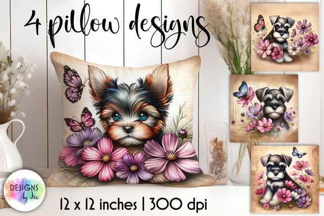 Cute Puppy with Elegant Flowers, Vintage Illustration Sublimation Designs by Ira 