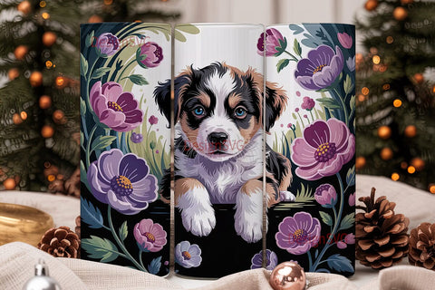Cute Puppy with Flowers Tumbler Wrap Sublimation DesignSVG 