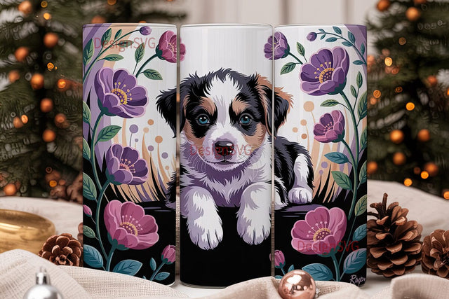 Cute Puppy with Flowers Tumbler Wrap Sublimation DesignSVG 