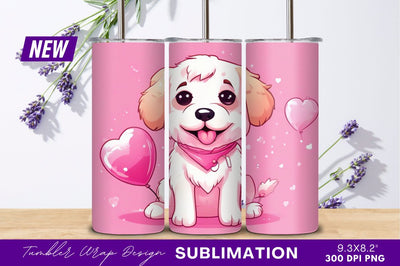 Cute puppy with pink heart balloons illustration Sublimation Regulrcrative 
