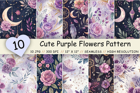 Cute Purple Flowers Pattern Bundle, Seamless Watercolor Floral Digital Paper, Printable Scrapbook Paper, Lavender Celestial Design Collection Digital Pattern FloridPrintables 