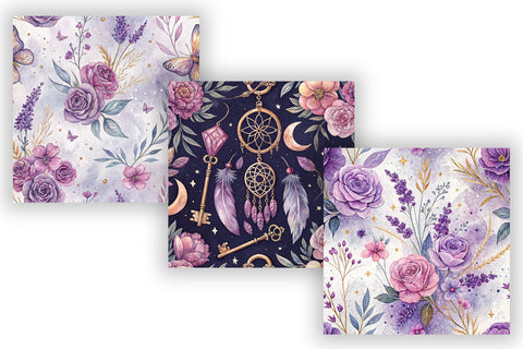 Cute Purple Flowers Pattern Bundle, Seamless Watercolor Floral Digital Paper, Printable Scrapbook Paper, Lavender Celestial Design Collection Digital Pattern FloridPrintables 