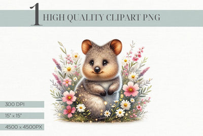 Cute Quokka Clipart, Floral Animal Illustration Sublimation BijouBay 
