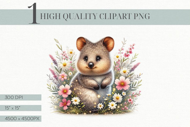 Cute Quokka Clipart, Floral Animal Illustration Sublimation BijouBay 