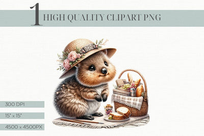 Cute Quokka With Floral Hat & Picnic Basket Clipart PNG Sublimation BijouBay 