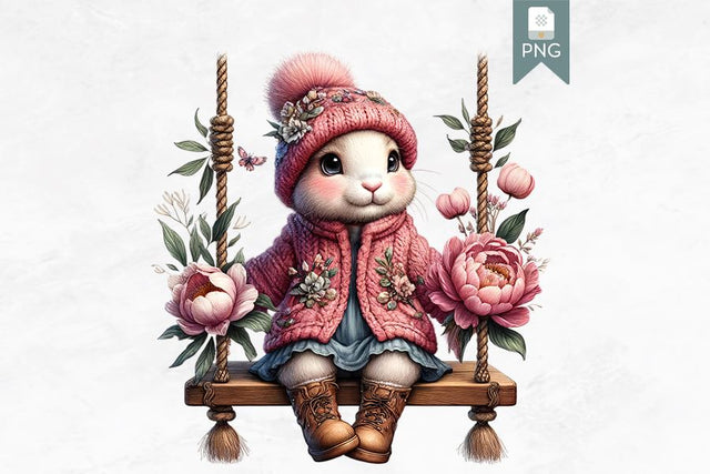Cute Rabbit Clipart, Bunny on Swing with Flowers Sublimation BijouBay 