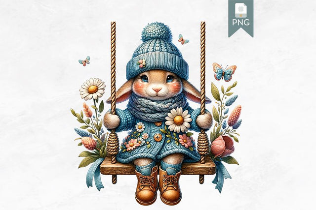 Cute Rabbit Clipart, Winter Bunny on a Swing Sublimation BijouBay 