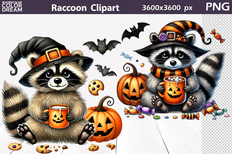 Cute Raccoon Halloween Clipart | Funny Raccoon Sublimation Sublimation WatercolorColorDream 