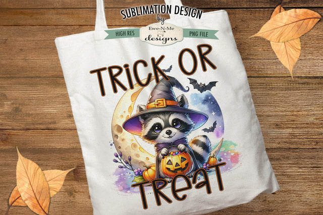 Cute Raccoon Trick or Treat Halloween PNG Design for Sublimation and DTF Sublimation Ewe-N-Me Designs 