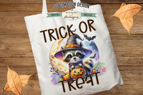 Cute Raccoon Trick or Treat Halloween PNG Design for Sublimation and DTF Sublimation Ewe-N-Me Designs 
