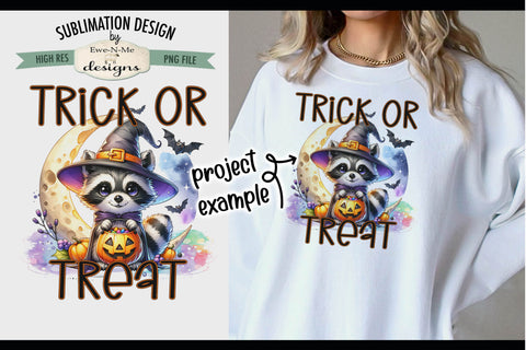 Cute Raccoon Trick or Treat Halloween PNG Design for Sublimation and DTF Sublimation Ewe-N-Me Designs 