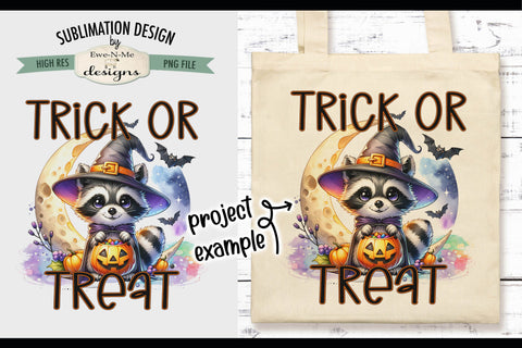 Cute Raccoon Trick or Treat Halloween PNG Design for Sublimation and DTF Sublimation Ewe-N-Me Designs 