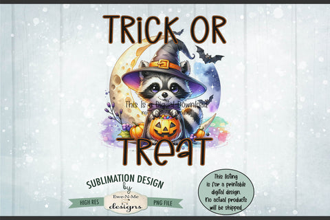Cute Raccoon Trick or Treat Halloween PNG Design for Sublimation and DTF Sublimation Ewe-N-Me Designs 