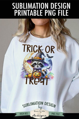 Cute Raccoon Trick or Treat Halloween PNG Design for Sublimation and DTF Sublimation Ewe-N-Me Designs 
