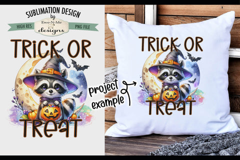 Cute Raccoon Trick or Treat Halloween PNG Design for Sublimation and DTF Sublimation Ewe-N-Me Designs 
