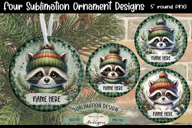 Cute Raccoons Christmas Ornament Design PNG Files | Add Your Own Name Sublimation Ewe-N-Me Designs 