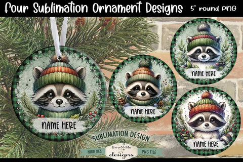 Cute Raccoons Christmas Ornament Design PNG Files | Add Your Own Name Sublimation Ewe-N-Me Designs 