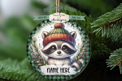 Cute Raccoons Christmas Ornament Design PNG Files | Add Your Own Name Sublimation Ewe-N-Me Designs 