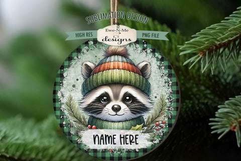Cute Raccoons Christmas Ornament Design PNG Files | Add Your Own Name Sublimation Ewe-N-Me Designs 