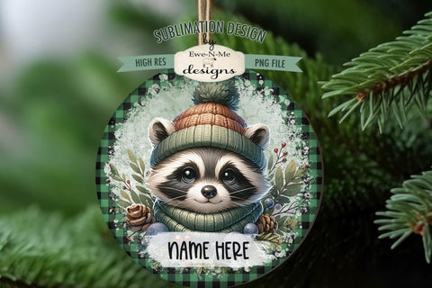 Cute Raccoons Christmas Ornament Design PNG Files | Add Your Own Name Sublimation Ewe-N-Me Designs 